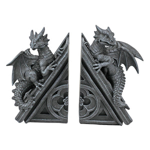 Gothic Dragon Bookend Statues – Set of 2, Gray Stone Resin, 8 Inch