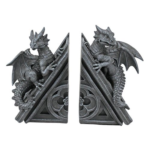 Gothic Dragon Bookend Statues – Set of 2, Gray Stone Resin, 8 Inch