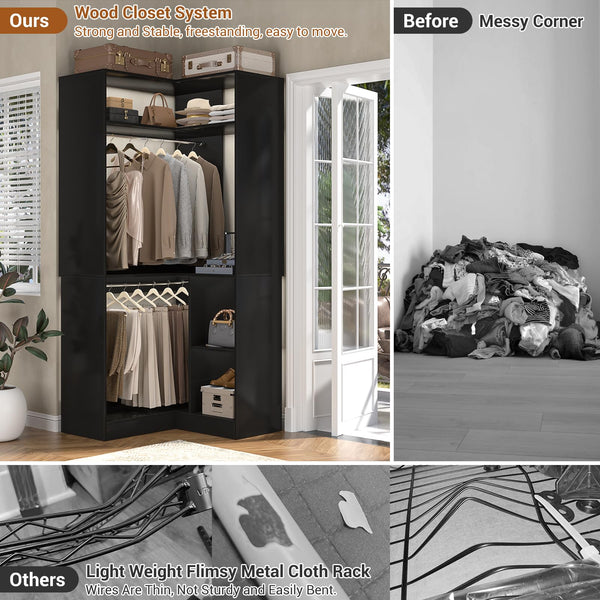 L-Shaped Corner Closet System with Shelves & Hanging Rods