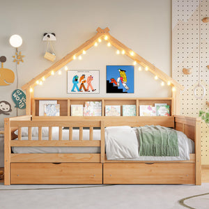 Full Size House Platform Bed with LED Lights, Storage Shelves & Drawers