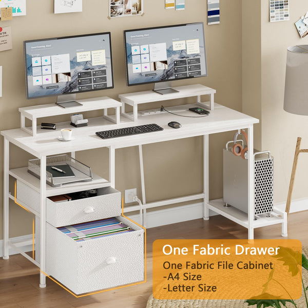 47" Computer Desk with File Cabinet, Power Outlets & Monitor Stands