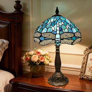 Dragonfly Tiffany Stained Glass Table Lamp 12"W x 19"H