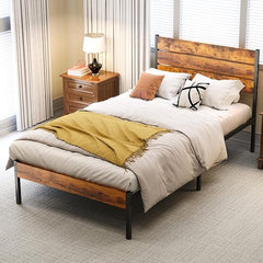 Industrial Metal Bed Frame with Headboard & Under-Bed Storage