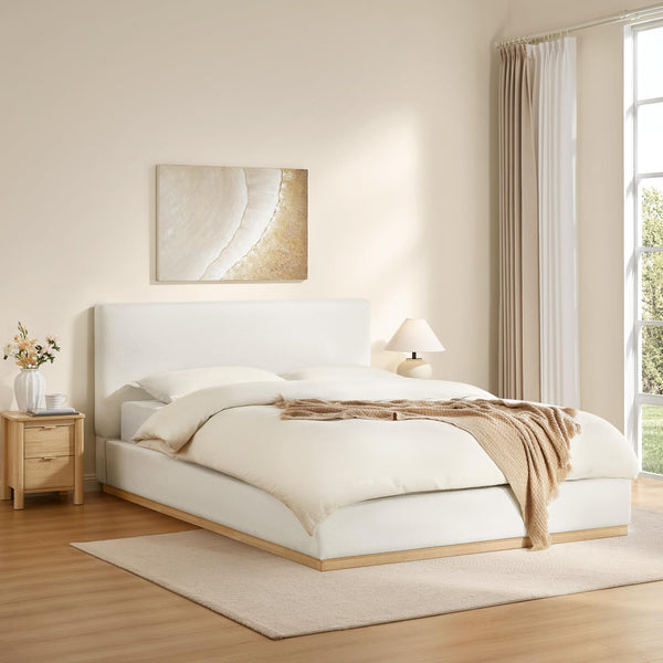 Queen Upholstered Platform Bed Frame with Boucle Fabric
