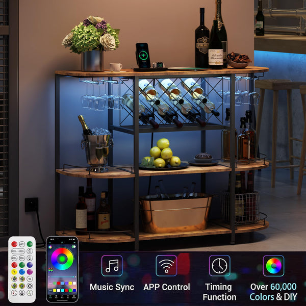 3-Tier Wine Cabinet Bar Cart with LED Light & Power Outlet