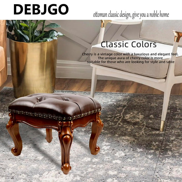 Solid Wood Leather Footstool Ottoman