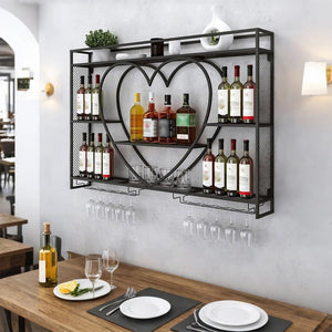 Wall Mounted Wine Rack with LED Lighting & Stemware Holder – 3-Tier Metal Bar Shelf