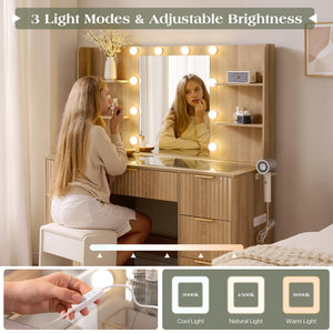 47" Fluted Makeup Vanity Desk with Mirror & LED Lights
