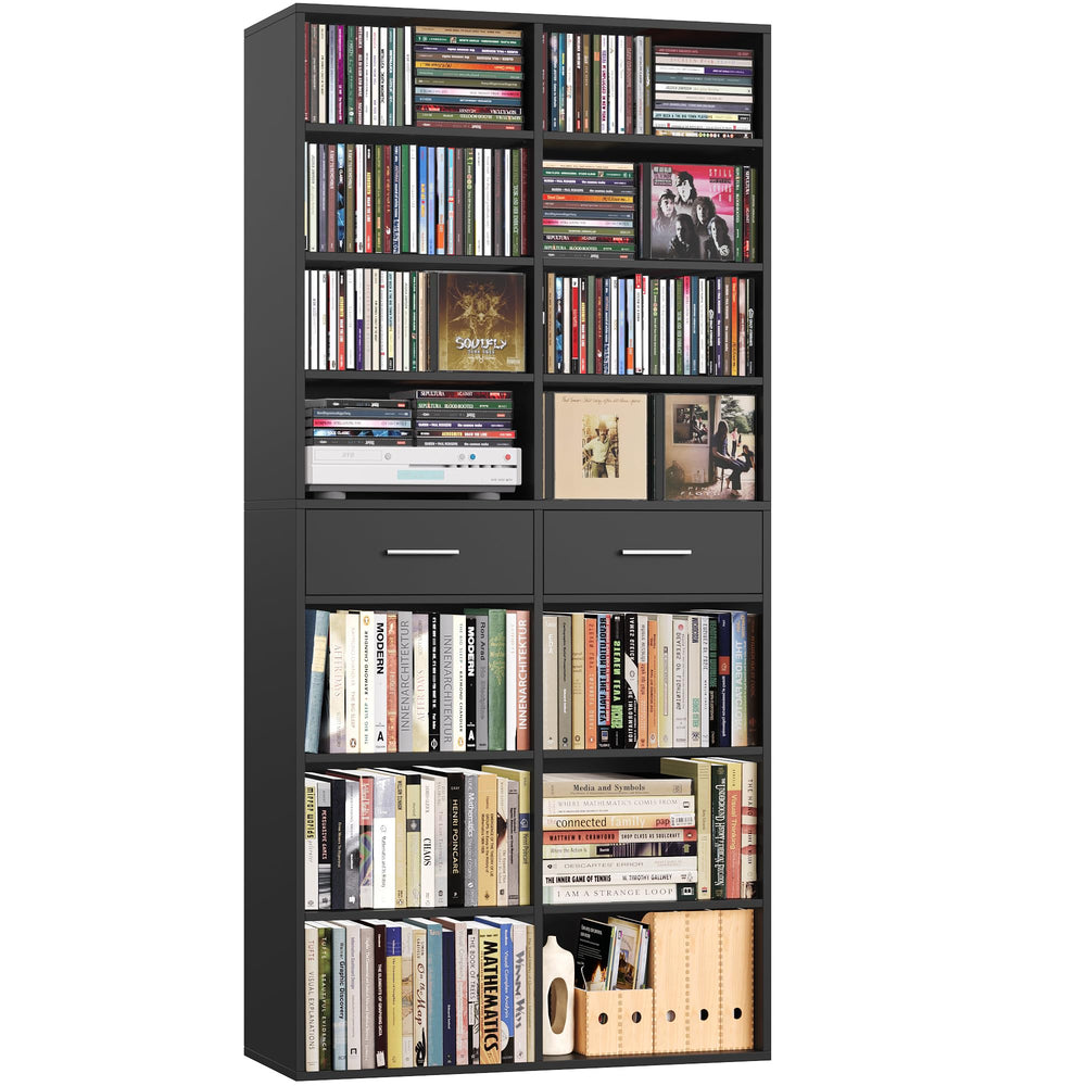 Tall Bookshelf with Drawers – 7-Tier Double Wide Bookcase