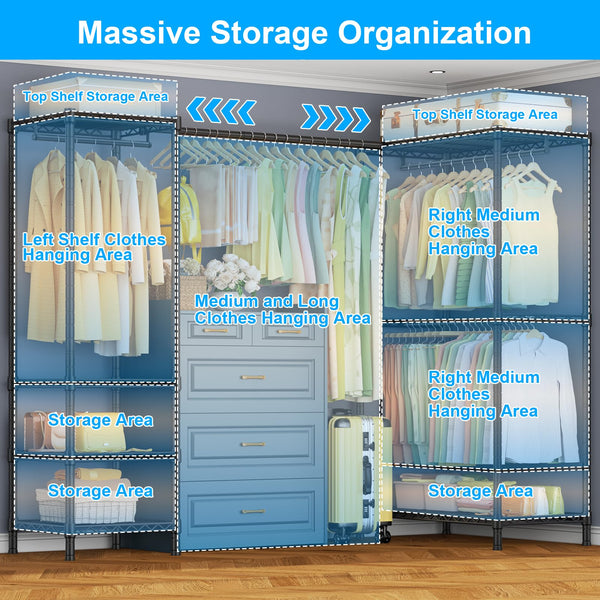 L-Shaped Corner Clothes Rack with Expandable Hanger Rod