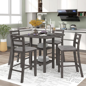 5-Piece Counter Height Dining Set with Storage Shelves and Padded Chairs