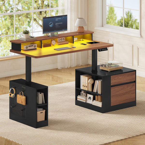 Electric Standing Desk with Storage, Monitor Stand, Power Outlets & LED Lights