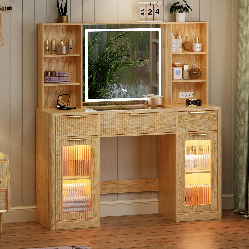 47" Fluted Makeup Vanity Desk with Mirror, Lights & Storage