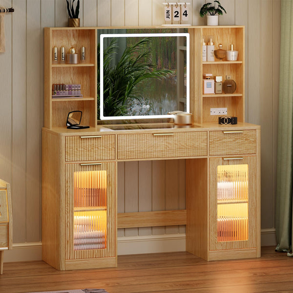 47" Fluted Makeup Vanity Desk with Mirror, Lights & Storage