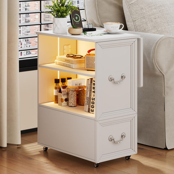 Rolling End Table with Charging Station & LED Lights