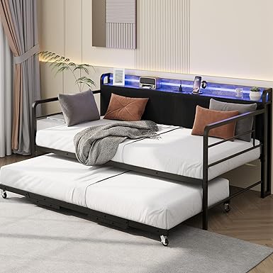 Twin Daybed with Pop-Up Trundle, RGB LED & Charging Station