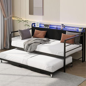 Twin Daybed with Pop-Up Trundle, RGB LED & Storage Headboard