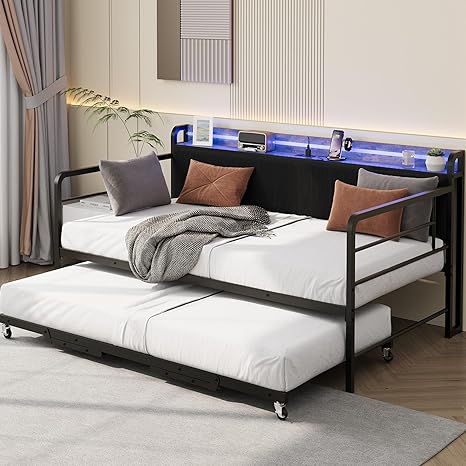 Twin Daybed with Pop-Up Trundle, RGB LED & Storage Headboard