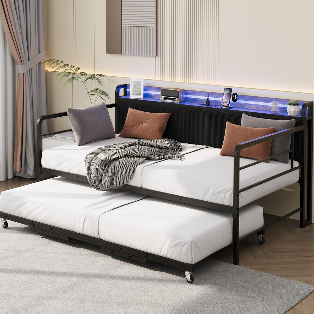 Twin Daybed with Pop-Up Trundle, RGB LED & Charging Station