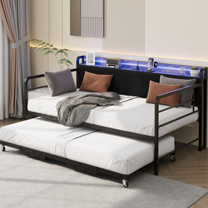Twin Daybed with Pop-Up Trundle, RGB LED & Charging Station