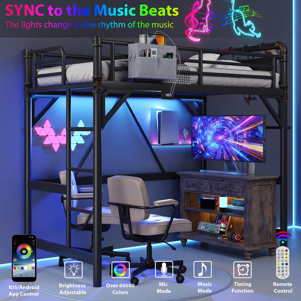Twin Loft Bed with LED Lights & Charging Station