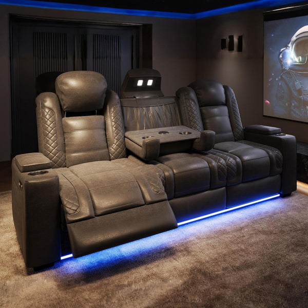Power Reclining Home Theater Sofa – 3-Seat Leather with USB & Wireless Charging