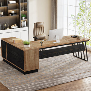 L-Shaped Executive Desk with File Cabinet and Storage Shelves