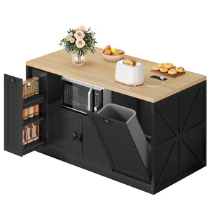 63-Inch Kitchen Island with LED Lights, Power Outlet & Trash Can Storage