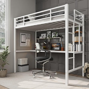 Twin Size Metal Loft Bed with Desk and Storage Shelves