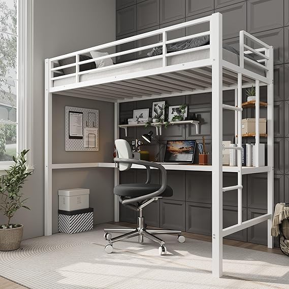 Twin Size Metal Loft Bed with Desk and Storage Shelves
