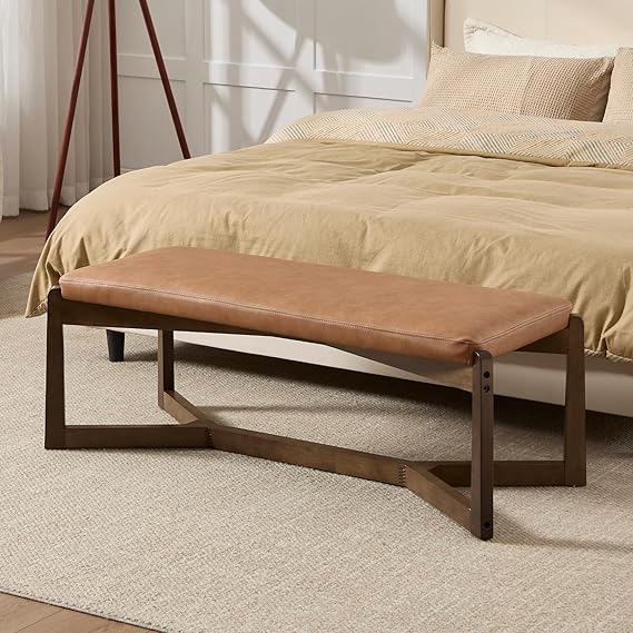 Mid-Century Modern Upholstered Bench with X-Shape Wood Base