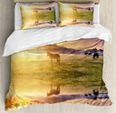 Queen Duvet Cover Set – Horse Valley Nature Print, Pale Yellow