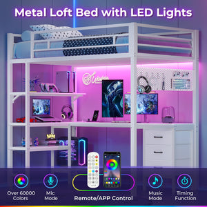 Twin Metal Loft Bed with L-Shaped Desk, LED Lights & Charging Station