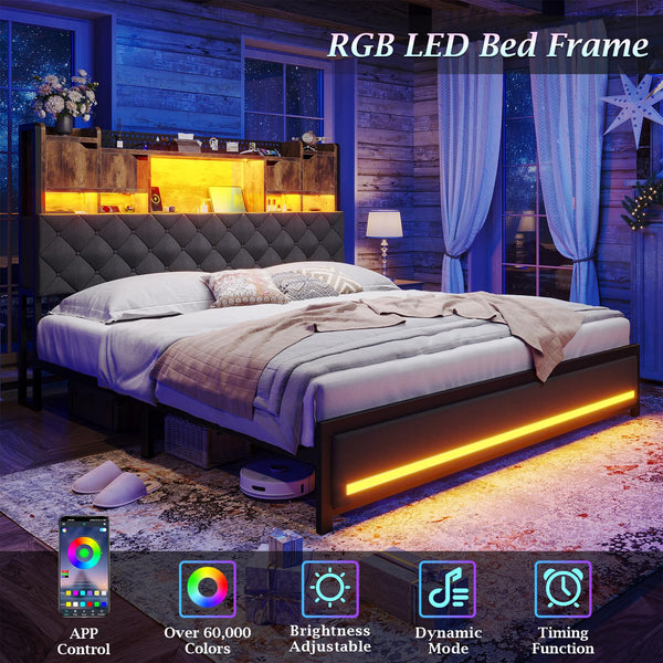 King Size Bed Frame with LED Lights & Storage Headboard
