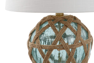 Aqua Glass & Rope Nautical Table Lamp with White Linen Drum Shade