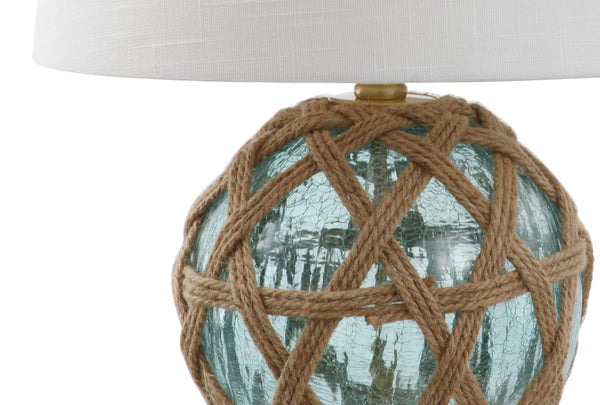 Aqua Glass & Rope Nautical Table Lamp with White Linen Drum Shade