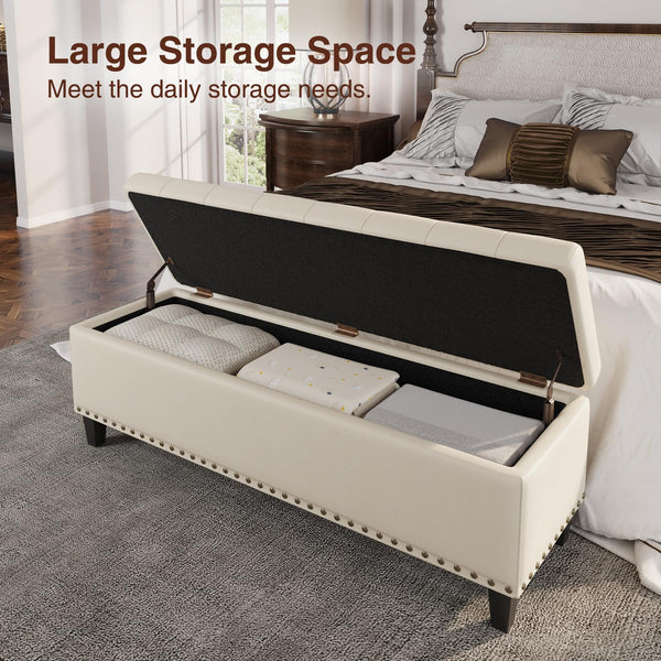 Faux Leather Storage Ottoman Bench, 51" Long, 30 Gallon, Tufted, Wooden Legs