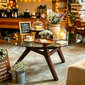 Round Glass Coffee Table with Wood Frame