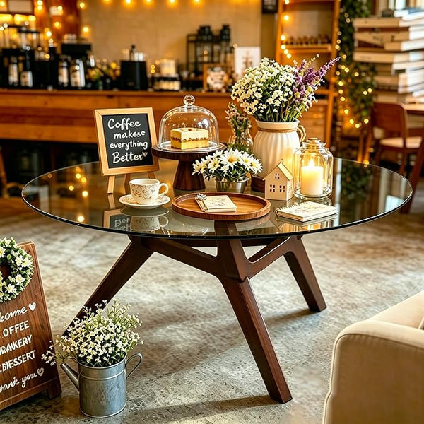 Round Glass Coffee Table with Wood Frame