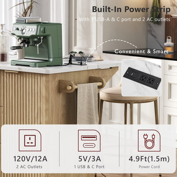 Rolling Kitchen Island with Drop Leaf, Power Outlet & 3 Drawers