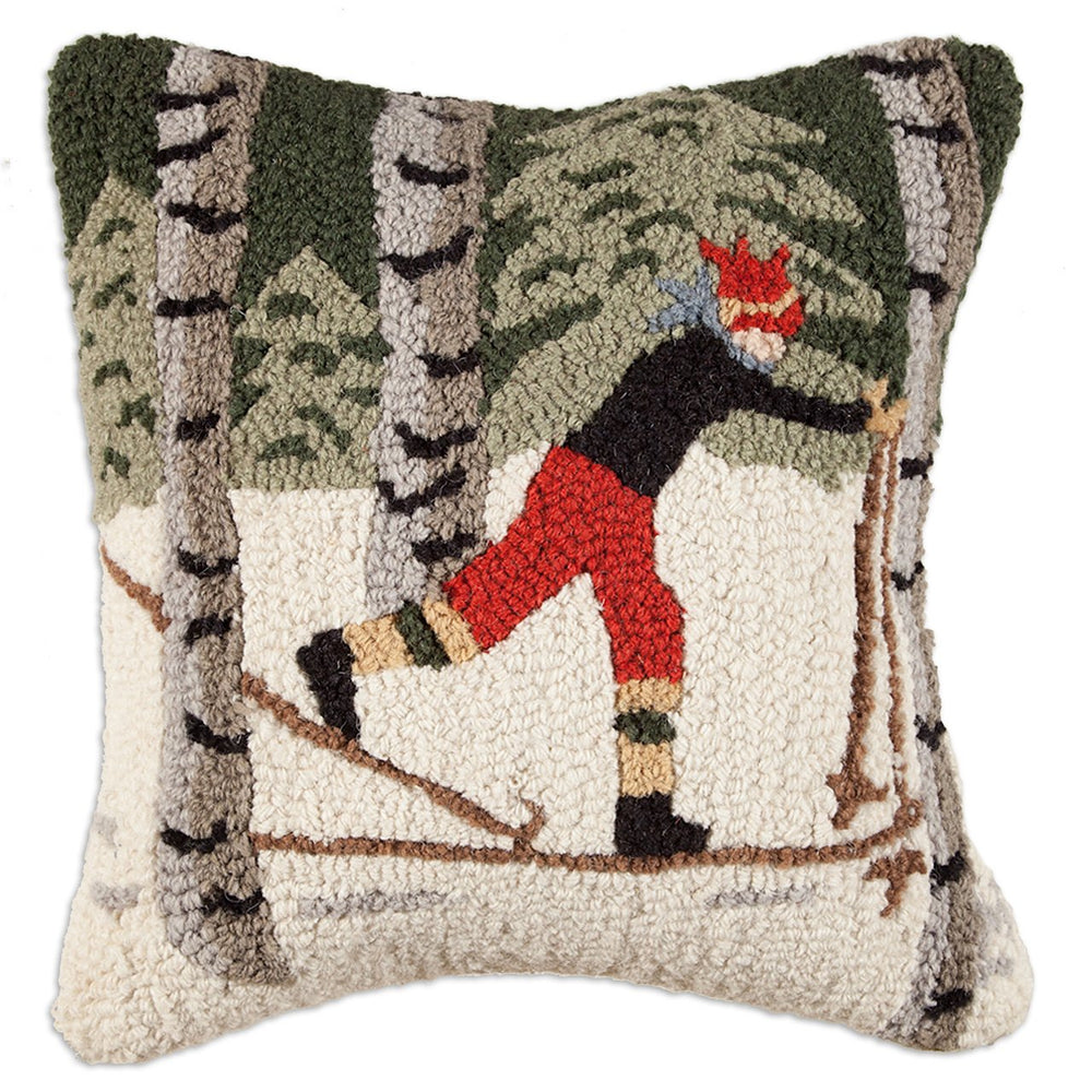 Hand-Hooked Wool Skier Throw Pillow 18x18