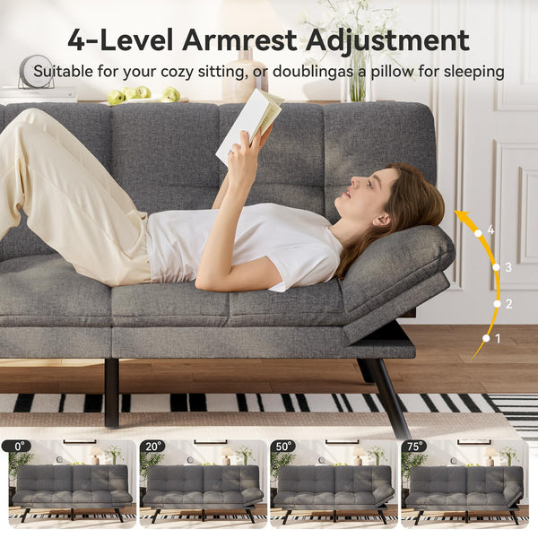 Convertible Futon Sofa Bed – Light Grey Linen