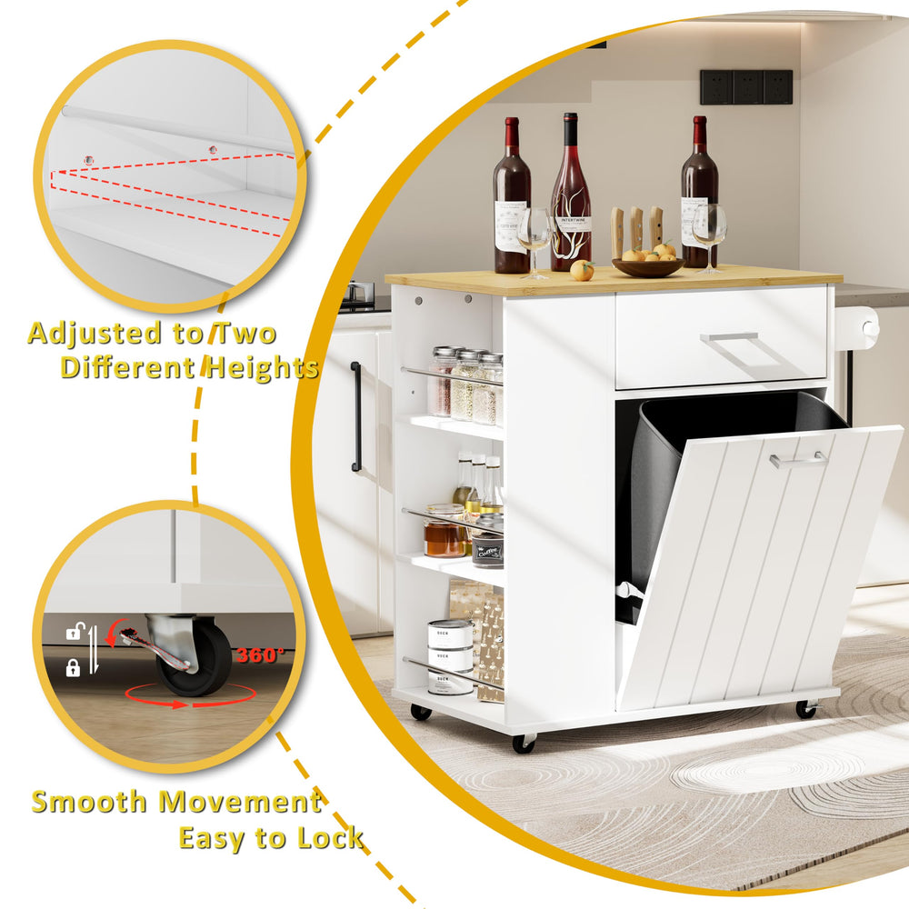 Rolling Kitchen Island with Trash Can Storage