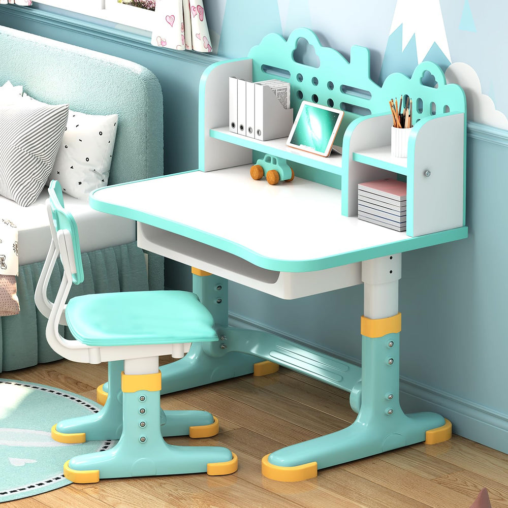 Height Adjustable Kids Desk & Chair Set – Storage Drawer, Castle Backboard, Ages 3–12
