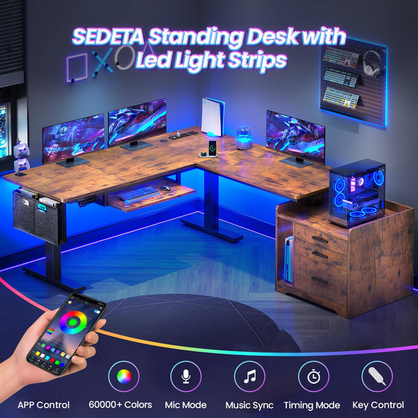 L-Shaped Electric Standing Desk with File Cabinet