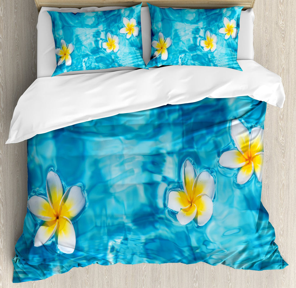 Queen Duvet Cover Set – Tropical Floral Blue Yellow