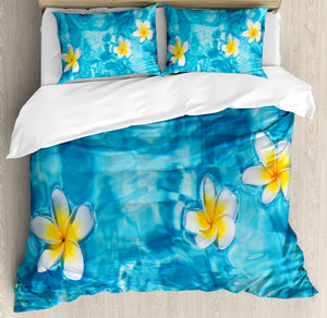 Queen Duvet Cover Set – Tropical Floral Blue Yellow