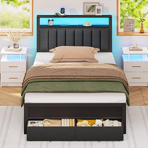 Queen Platform Bed with LED Lights, Charging Station & Storage Drawers