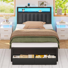Platform Bed Frame with LED Lights, Charging Station & Storage Drawers