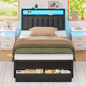 Platform Bed Frame with LED Lights, Charging Station & Storage Drawers